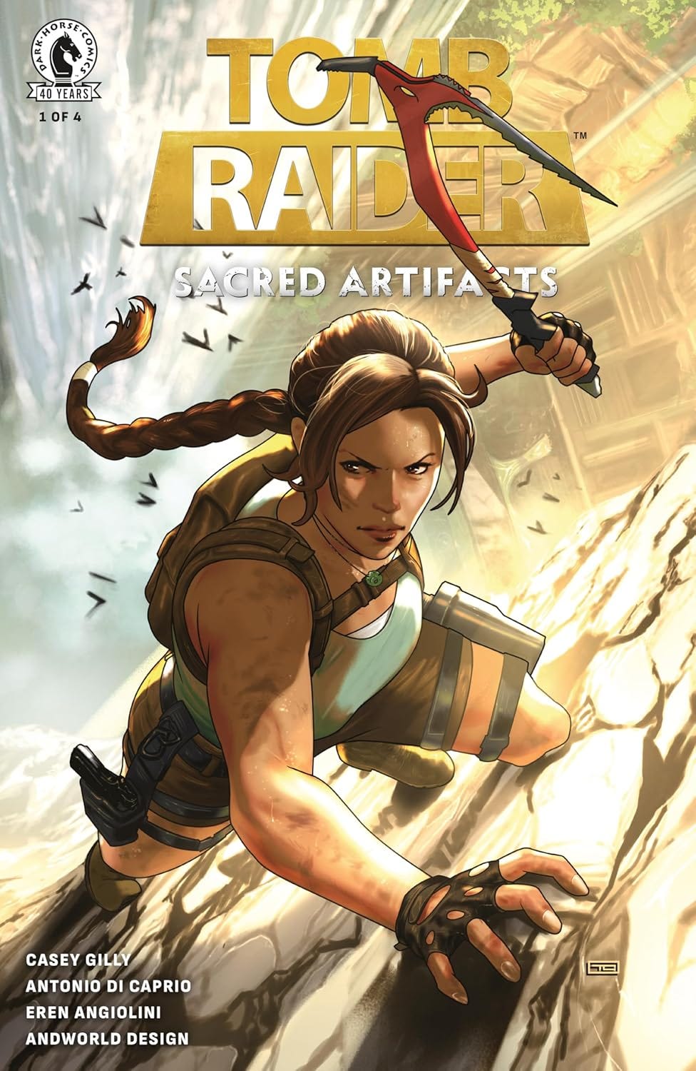 Comic book cover titled Tomb Raider: Sacred Artifacts featuring Lara Croft scaling a cliff with a red climbing axe in one hand. She wears a green tank top, fingerless gloves, and utility gear with a pistol holstered at her side. Her expression is determined, and birds fly in the background near a misty waterfall and ancient ruins. The comic is published by Dark Horse Comics and is marked as issue 1 of 4.