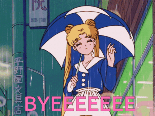 a cartoon of a girl holding an umbrella with the word byeeeee written in pink a cartoon of a girl holding an umbrella with the word byeeeee written in pink