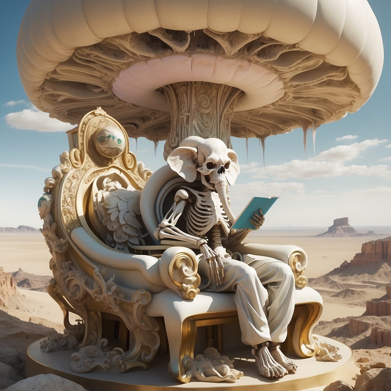 A nuclear mushroom cloud dominates a sweeping valley. Elegant, beautiful softly slender curvaceous athletic skeleton god with elephant head and glowing eyes sits on an ornate, gem-encrusted throne, reading a huge open scroll that projects technicolor 3D holographic depictions of a multiple-armed goddess. A nuclear mushroom cloud dominates a sweeping valley. Elegant, beautiful softly slender curvaceous athletic skeleton god with elephant head and glowing eyes sits on an ornate, gem-encrusted throne, reading a huge open scroll that projects technicolor 3D holographic depictions of a multiple-armed goddess.