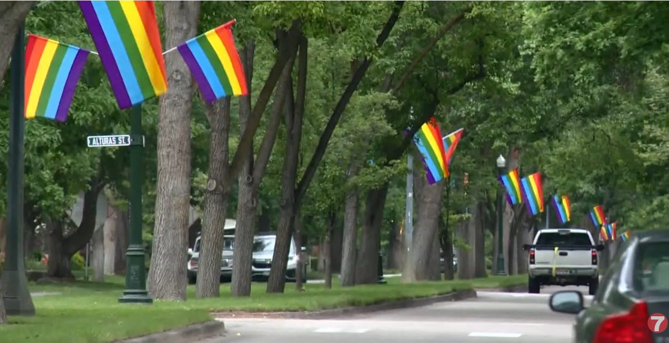 Screenshot of rainbow pride flags flying from light posts in the tree-lined median strip of a residential street in Boise. The  grassy median and the trees are lush and green. (In more recent years, the trans-inclusive version of the Pride flag has made up about 50 percent of the flags)