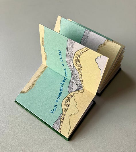 three photographs of the Micro Library Book Fathoms, a miniature book with a dark green cover, with abstract pale yellow and green/blue illustrations.