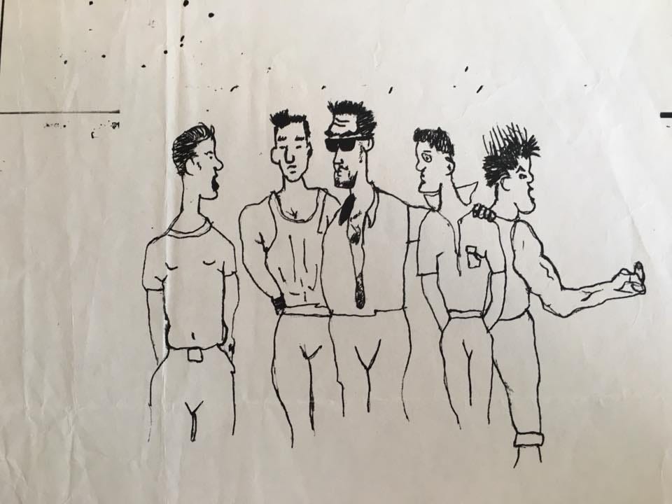 A comical illustration of five young sailors.