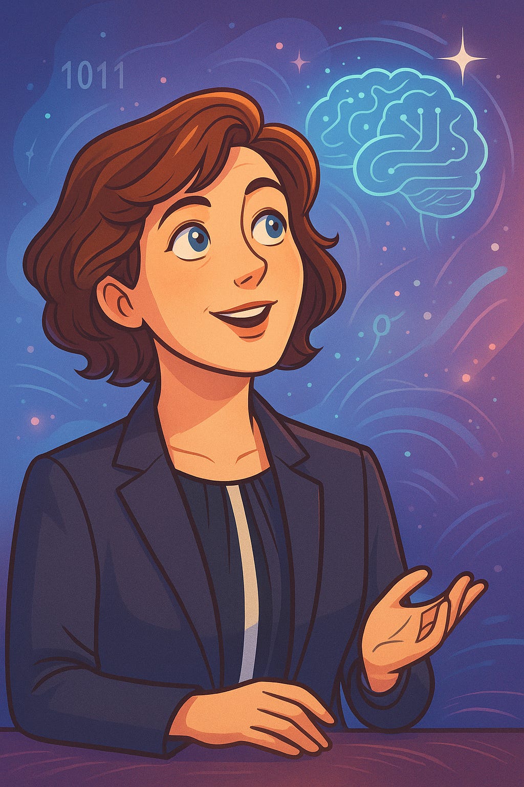 A cartoon-style digital portrait of a professional woman with short, wavy brown hair and blue eyes, wearing a dark blazer over a striped blouse. She sits at a table, one hand resting and the other gesturing upward as she gazes with curiosity toward a glowing, stylized digital brain floating in a gradient background of purples and blues. Soft lines, stars, and abstract data motifs swirl around her, symbolizing creativity, exploration, and collaboration between humans and AI in education.