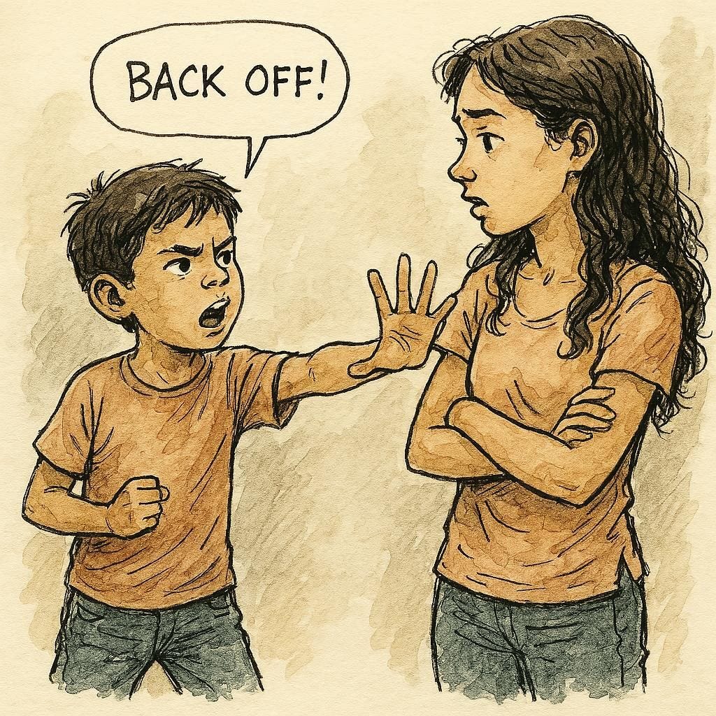 AI image: A young Latino boy telling his sister to BACK OFF, in pen and ink and watercolor, loose style