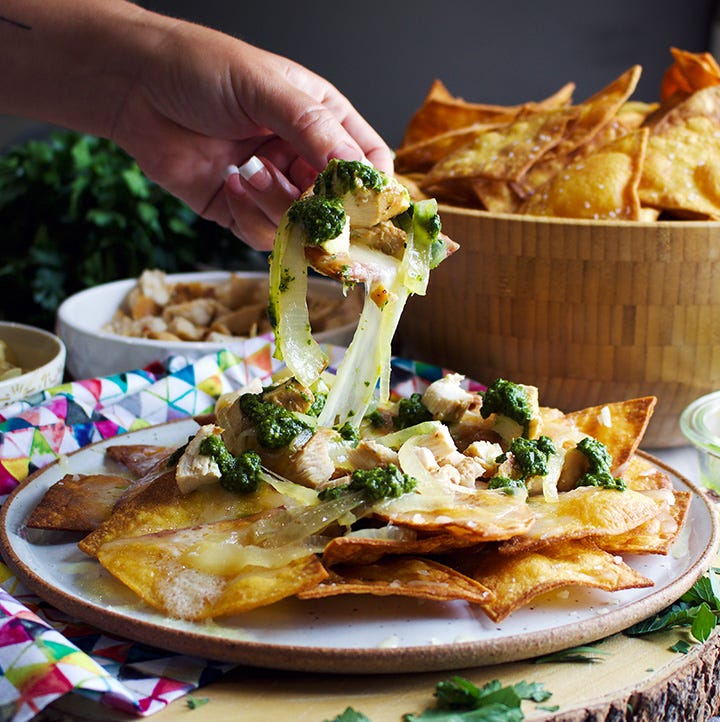 Hamburger bowls, Steak bowls, Chimichurri steak sandwiches, Chimichurri steak fries, Flank steak with chimichurri, Fried summer squash, Vegetarian chili, and Chicken nachos with chimichurri.