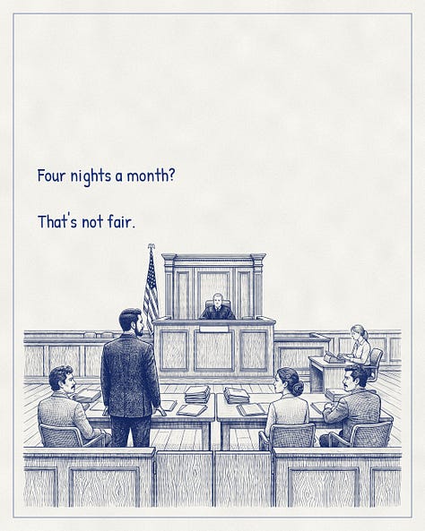 Blue-ink illustrated conversation. A father stands before a judge in a Texas custody hearing.