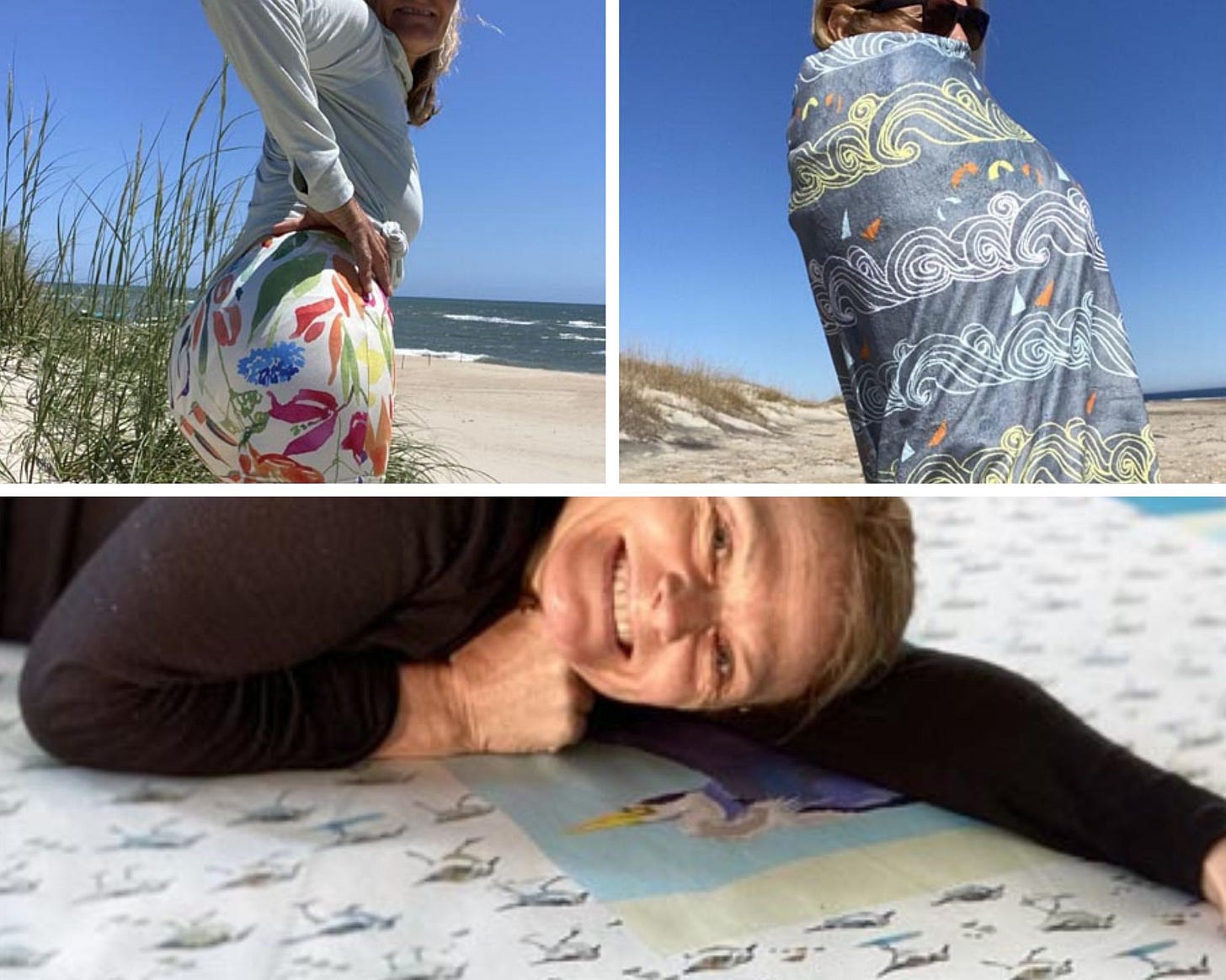 artist vicky lowe models her artistic textiles (posing in shorts, wrapped in a blanket, lying on a sheet)