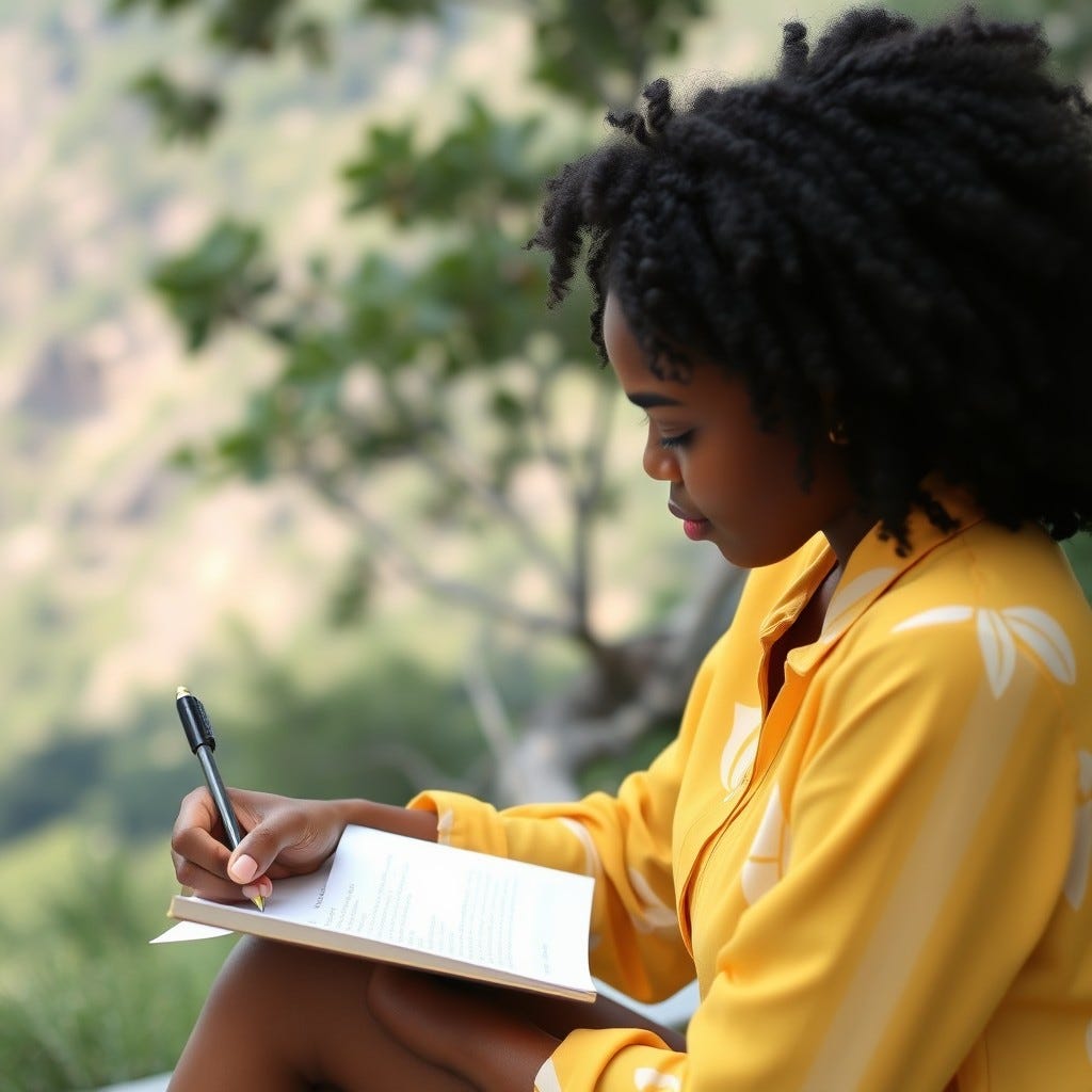 Young, youthful African American Woman wearing a yellow and white blouse with all black hair writing a letter in the summertime by the mountain writing a letter
