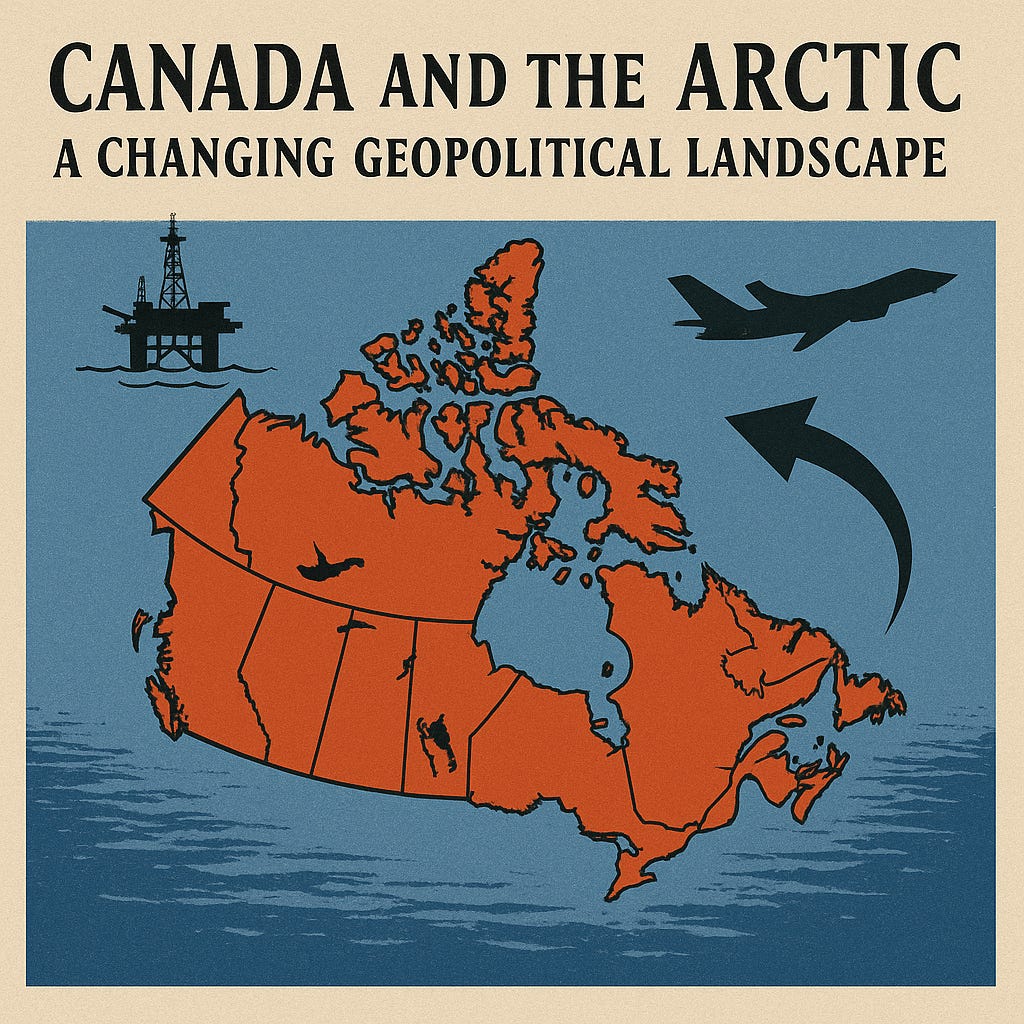 A vintage-style illustration of a red map of Canada set against a blue Arctic ocean, with silhouettes of an oil platform, an icebreaker, and a military aircraft representing activity in the North.