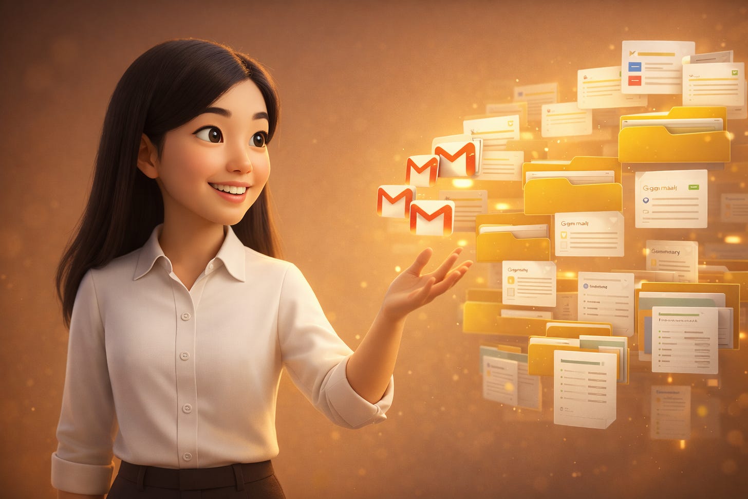 Pixar-style 3D illustration of Jenny Ouyang from Build to Launch on the left side of the frame, surrounded by floating Gmail icons, email threads, folders, and files transforming inbox chaos into organized outputs