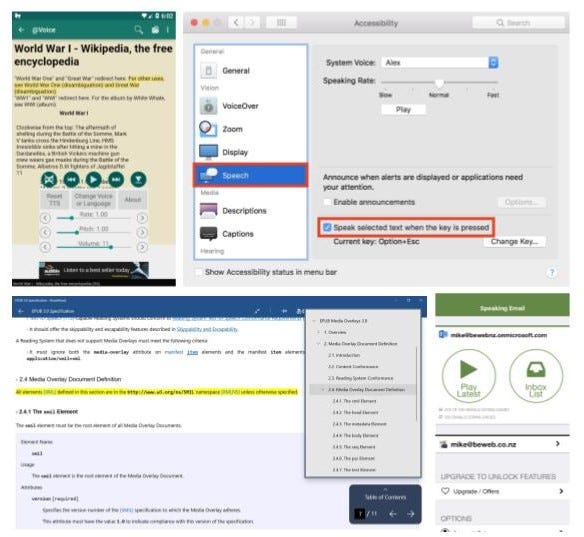 Image contains screenshots of Voice Aloud, Speaking mail, Read Aloud, and in-built narrator Image contains screenshots of Voice Aloud, Speaking mail, Read Aloud, and in-built narrator