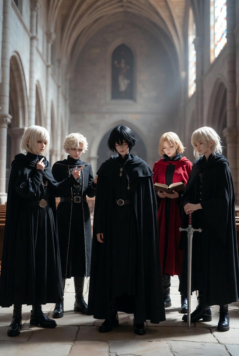 A photograph of five distinct figures in a nave, symbolizing a collective methodology.