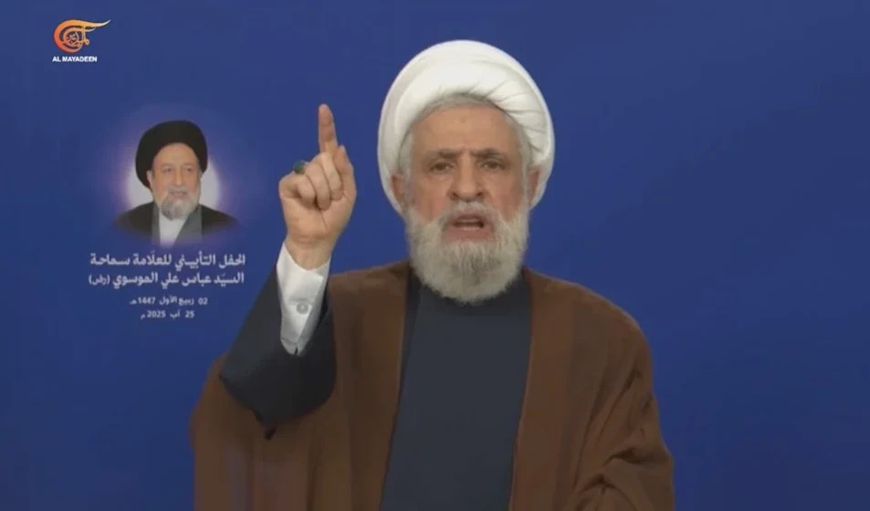 Hezbollah Secretary-General Sheikh Naim Qassem gives a speech on Monday, August 25, 2025 (Screengrab)