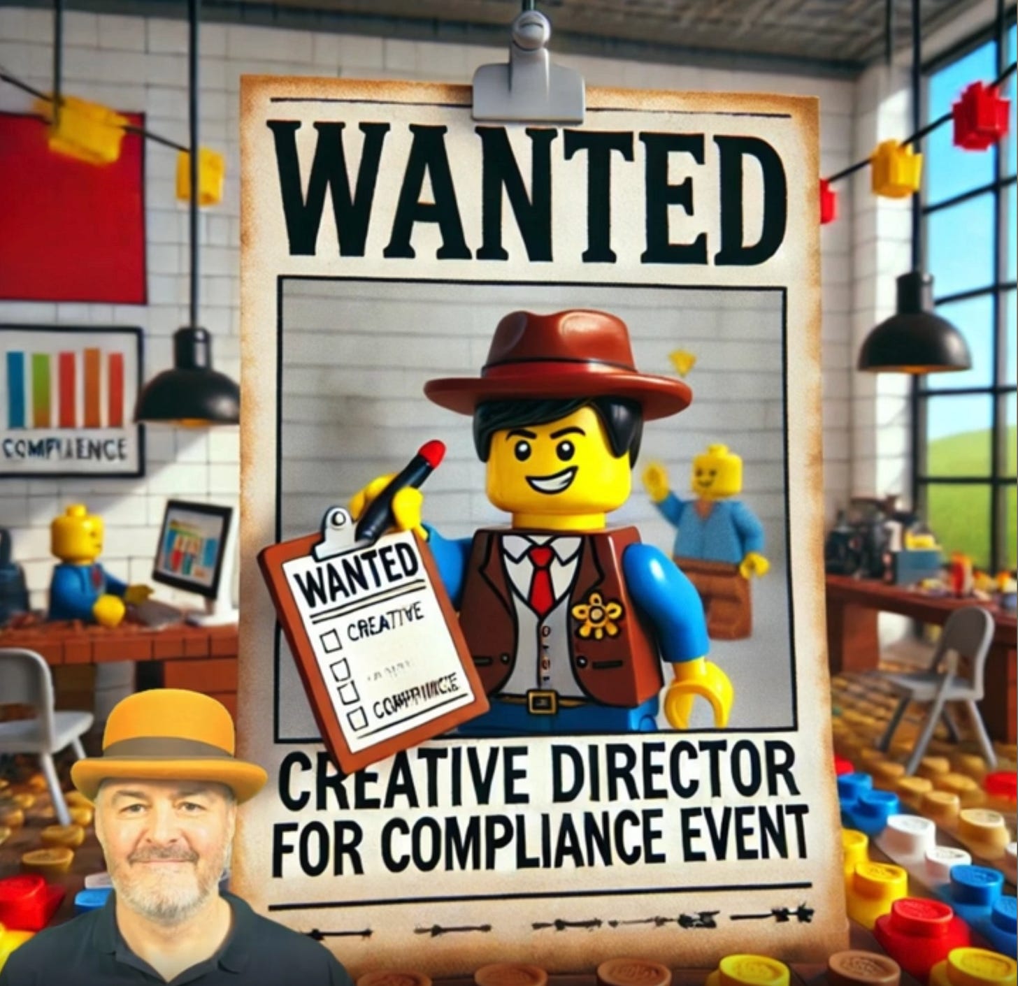 A 'wanted' poster with a lego cowboy figure, holding a list of tick boxes, with 'Creative' at the top'. Christian's face with a hat on appears in the left corner.