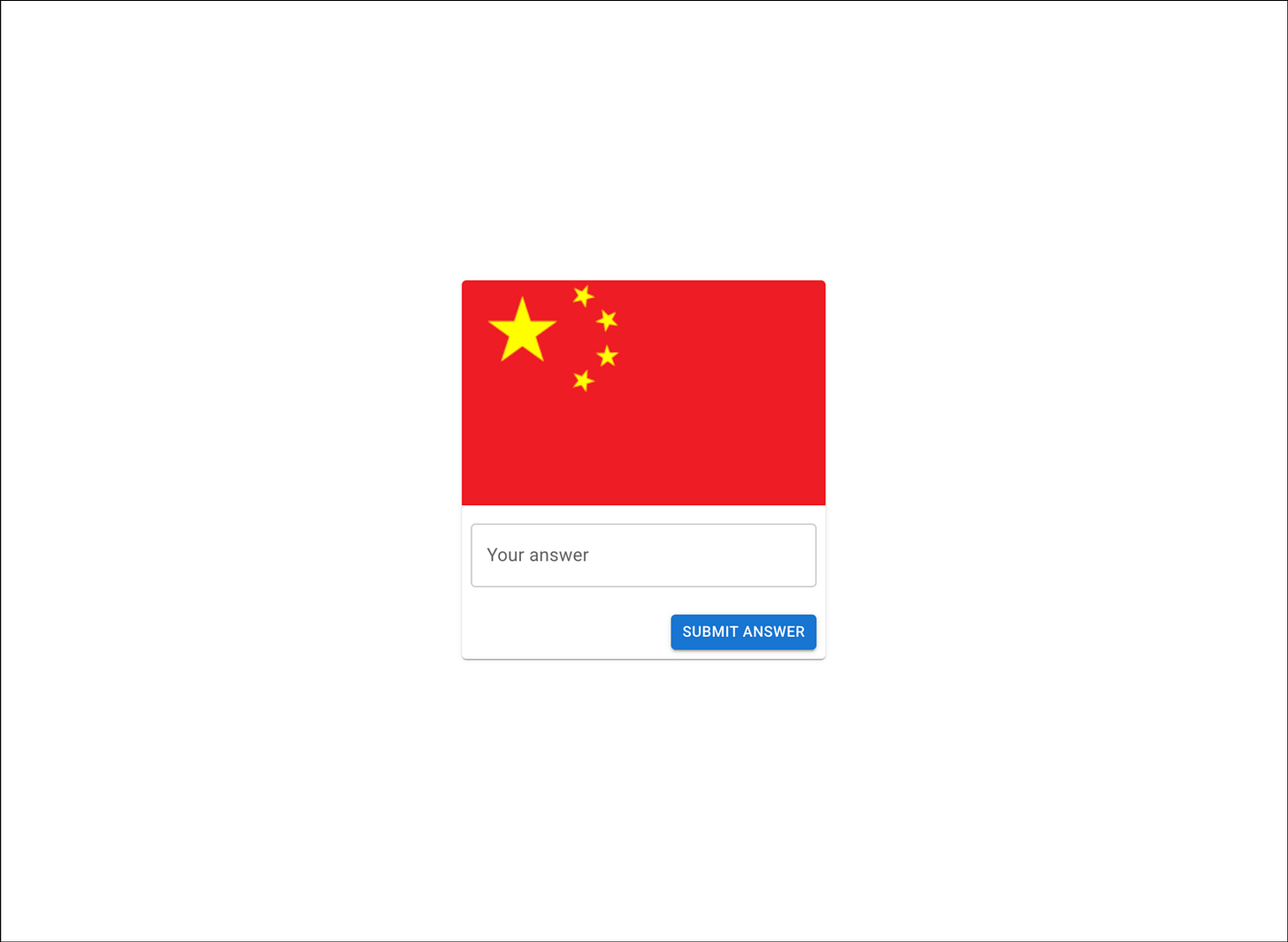 Quiz interface showing the flag of China with a text input field labeled “Your answer” and a blue “Submit Answer” button.
