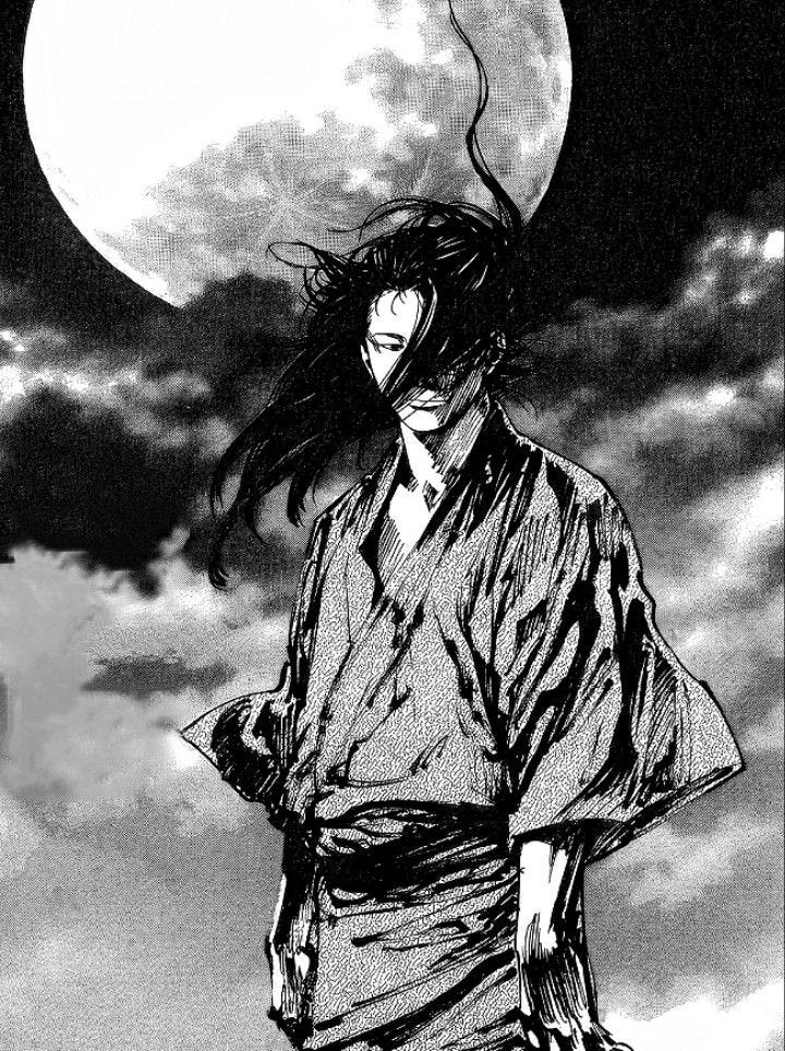 This may contain: an anime character with long hair standing in front of a full moon and cloudy sky