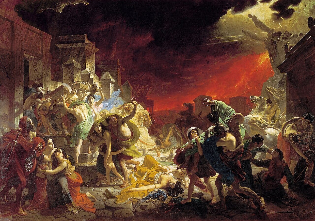 Citizens fleeing under a red sky as Vesuvius erupts Citizens fleeing under a red sky as Vesuvius erupts