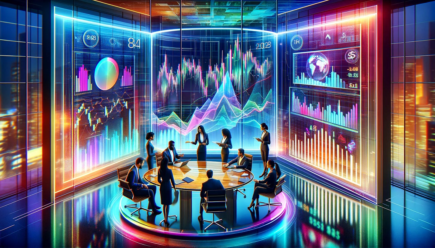 A vibrant and colorful scene depicting the concept of 'TinyLLM in Action in Finance'. The image features a futuristic, sleek finance office with large, transparent holographic displays showing stock market graphs and financial data. In the center, a group of diverse professionals are gathered around a table, intently discussing strategies. The professionals include a Caucasian woman, a Black man, and an Asian woman, all dressed in smart business attire. The office has a modern design with sleek furniture and advanced technology, highlighting a cutting-edge financial environment.