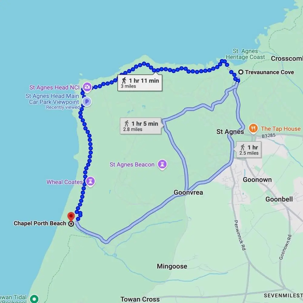 Map showing the walking route from St Agnes to Chapel Porth Beach