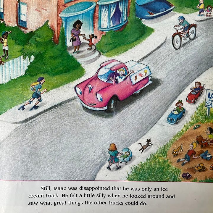 Book cover featuring a bright pink ice cream truck with the owner handing out ice cream cones to kids
