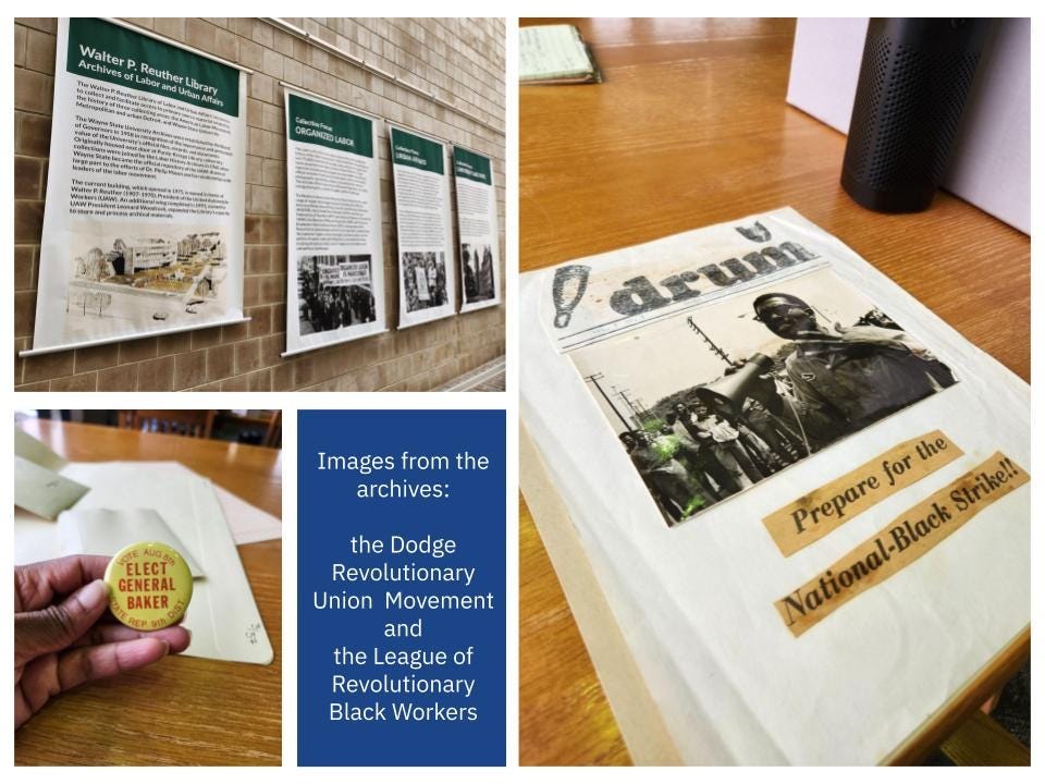 Three images and a block of text. The top left image is of banners hanging on a wall. The banners have text and images on them. The image on the right features a newsletter cover. The title of the newsletter reads “drum” below it is a black and white image of a Black person standing with a large crowd in the distance behind him. The bottom text reads “Prepare for the National Black Strike.” The image on the bottom left is of a Black hand holding a button that says Elect General Baker.
