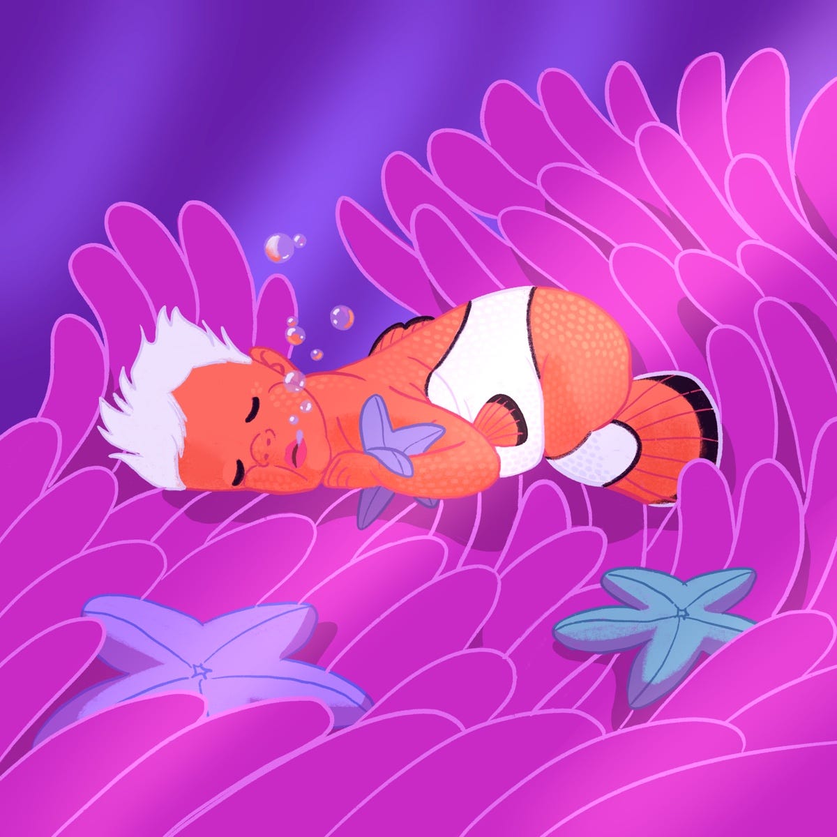 A cartoon of a baby fish sleeping in a purple seaweed

Description automatically generated