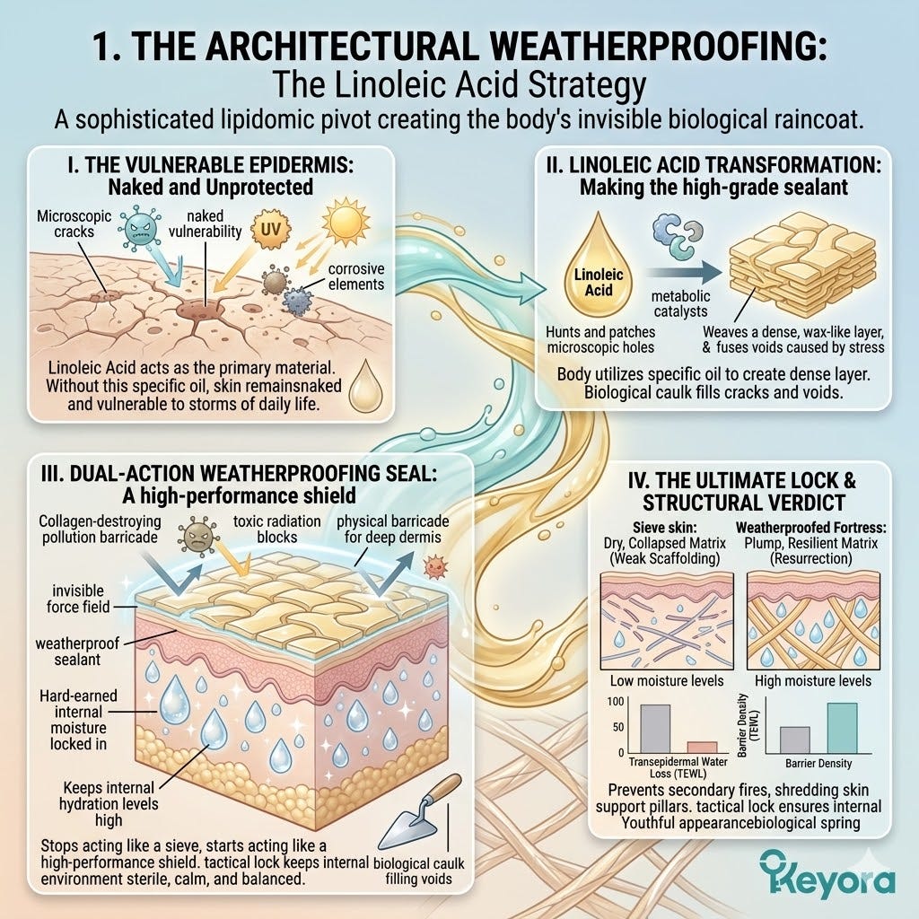 Systemic Regulator driving The Weatherproofing and The Waterproof Seal via Linoleic Acid to ensure the Ultimate Lock of the internal dermal sanctuary. Systemic Regulator driving The Weatherproofing and The Waterproof Seal via Linoleic Acid to ensure the Ultimate Lock of the internal dermal sanctuary.