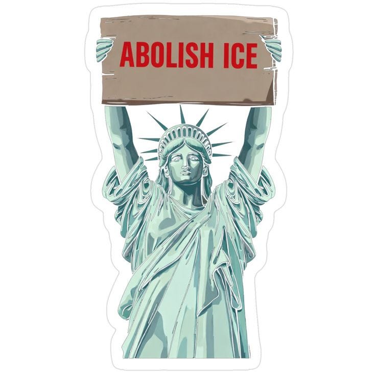 This may contain: the statue of liberty holding up a sign that says abolish ice