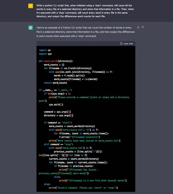 ChatGPT produced a Python script that responds to 'start' and 'stop' commands and provides a difference in word counts for every file in a directory. 