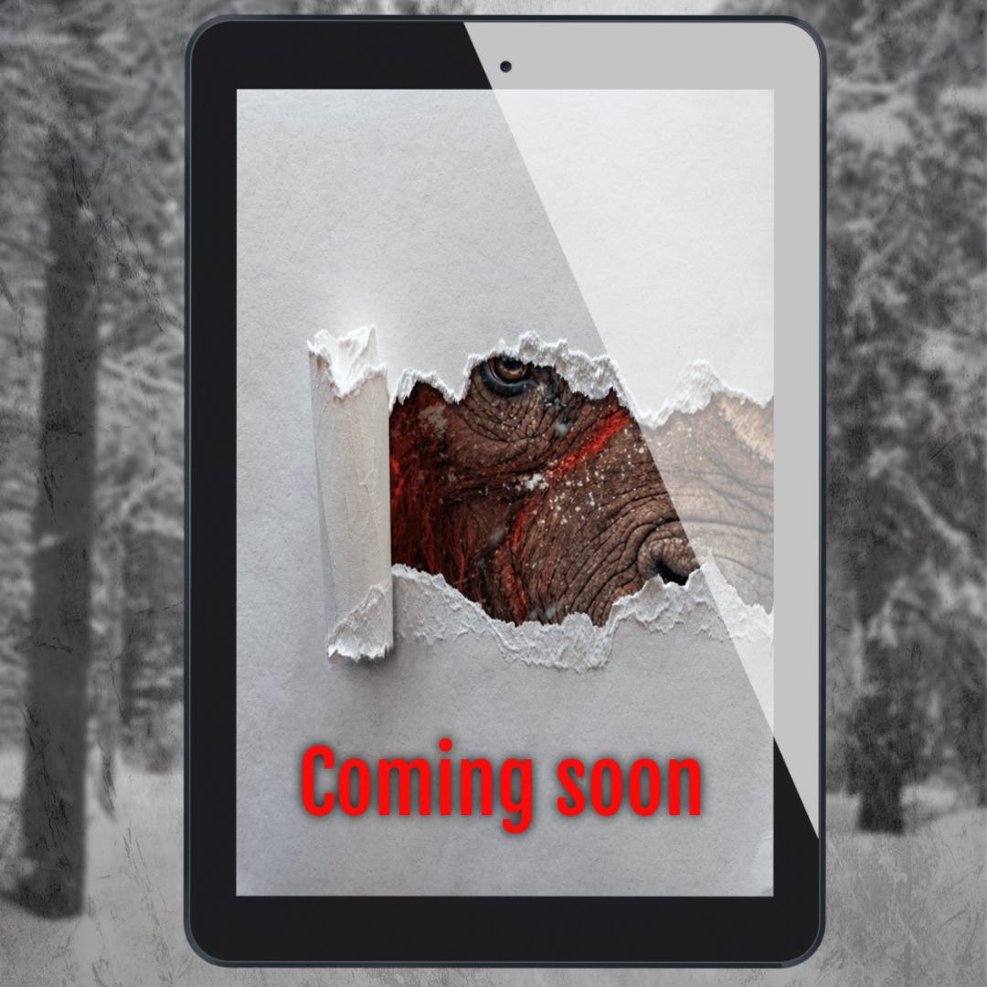 Cover reveal with an eReader covered with torn paper revealing the eye and face of a Woolly Rhino on a back drop of a snowy woods Cover reveal with an eReader covered with torn paper revealing the eye and face of a Woolly Rhino on a back drop of a snowy woods