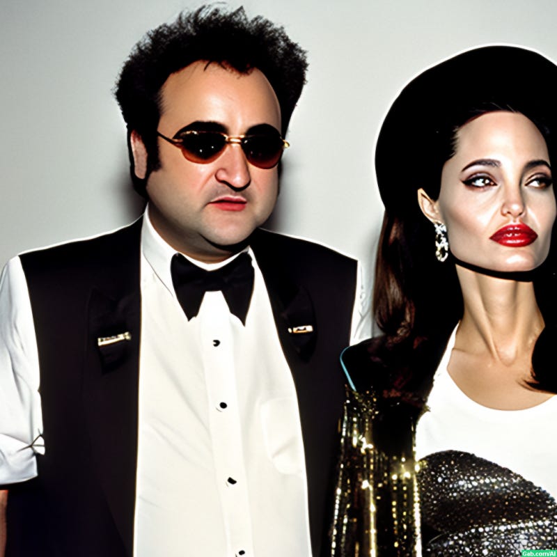 There are no photos of John Belushi and Angelina Jolie together, so I had AI make this one. Not bad! John Belushi and Angelina Jolie