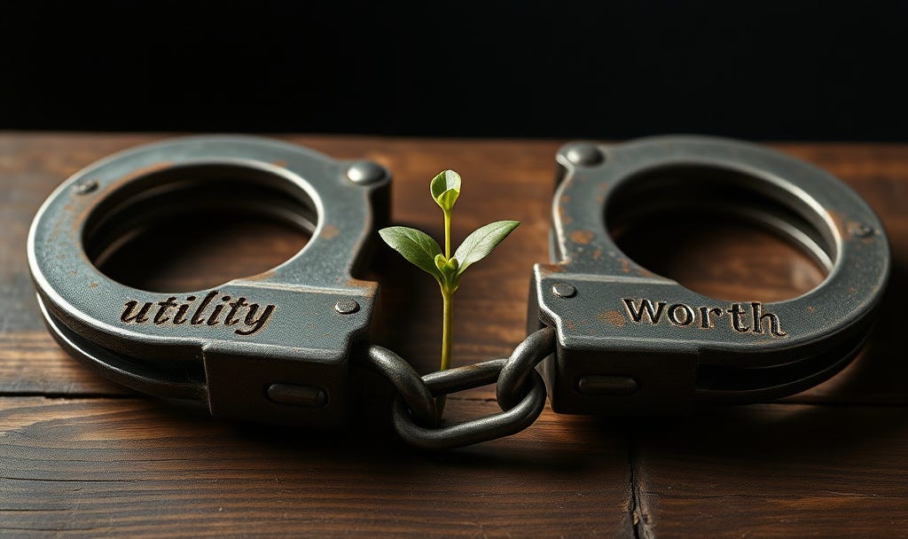 Image of identity handcuffs - A pair of heavy, rusted iron handcuffs resting on a wooden table. One cuff is labeled 'Utility' and the other 'Worth' in etched, elegant script. From the center of the chain, a small green sprout is beginning to grow, breaking through the metal links. Soft, focused spotlight, dark background, evocative of breaking a social contract.