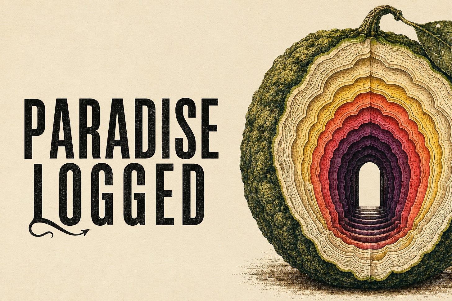 A sliced layered fruit reveals a tunnel, with “PARADISE LOGGED” and featured articles shown on the left side.
