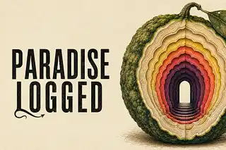 A sliced layered fruit reveals a tunnel, with “PARADISE LOGGED” and featured articles shown on the left side.