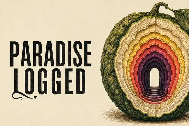 A sliced layered fruit reveals a tunnel, with “PARADISE LOGGED” and featured articles shown on the left side.