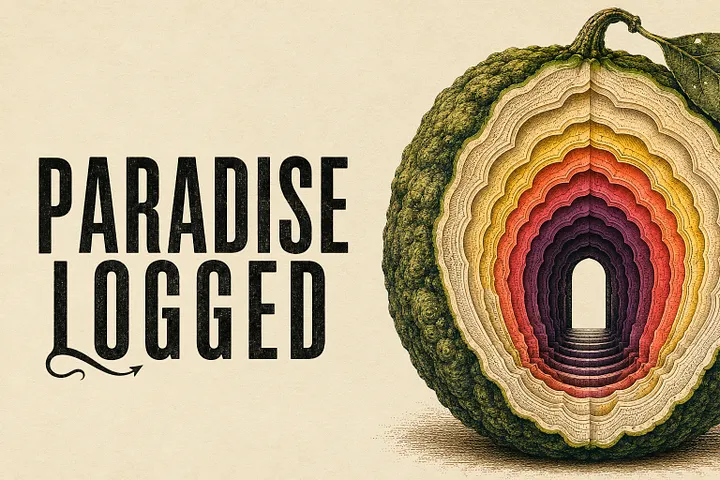 A sliced layered fruit reveals a tunnel, with “PARADISE LOGGED” and featured articles shown on the left side.