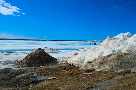 (Left to Right): Image of icy glaciers and blue skies, image of a water path twisting towards the sea, image of melt pond drainage