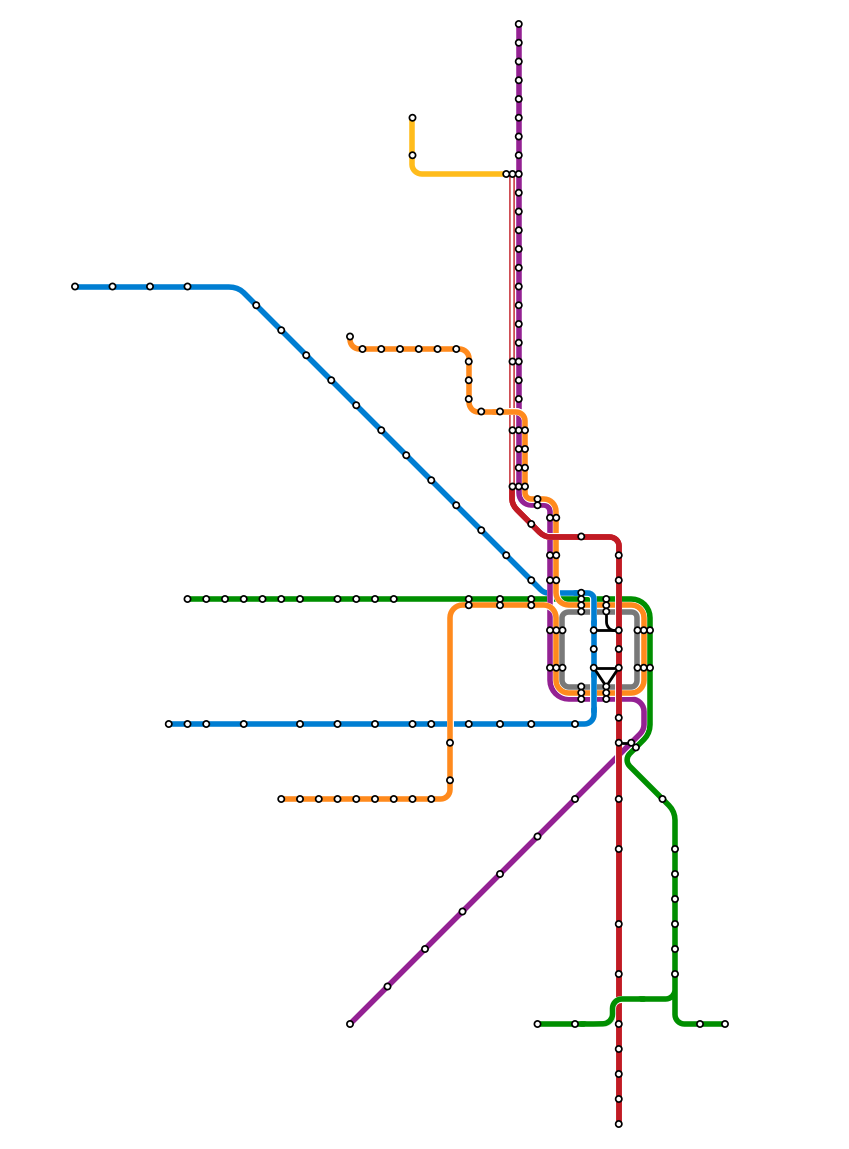 A vector of CTA's train lines: red, orange, pink, green, blue, purple, and brown.