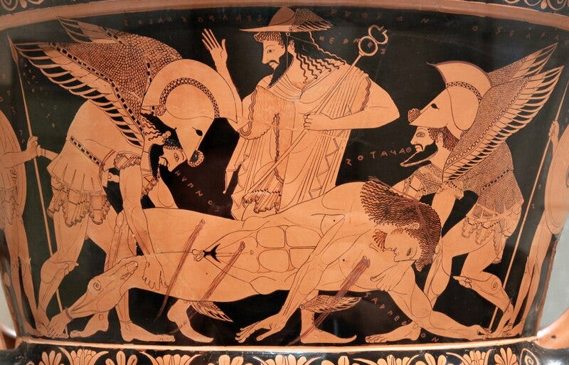 Sarpedon’s body carried by Hypnos and Thanatos (Sleep and Death), while Hermes watches. Side A of the so-called “Euphronios krater”, Attic red-figured calyx-krater signed by Euxitheos (potter) and Euphronios (painter), Sarpedon’s body carried by Hypnos and Thanatos (Sleep and Death), while Hermes watches. Side A of the so-called “Euphronios krater”, Attic red-figured calyx-krater signed by Euxitheos (potter) and Euphronios (painter),