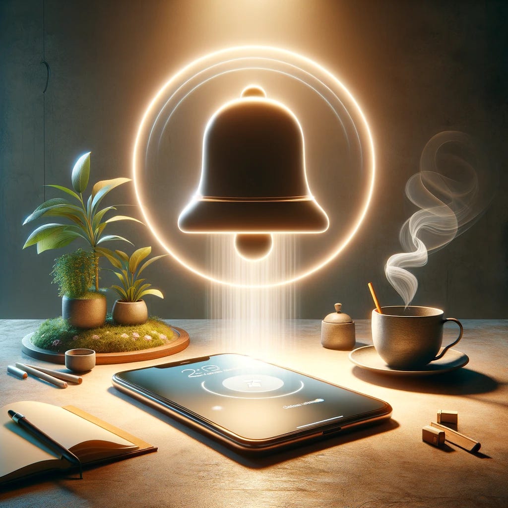 A calming and symbolic image depicting the concept of turning off notifications on a smartphone to achieve digital peace and focus. The scene features a serene and minimalist setting, possibly a cozy corner of a home or a tranquil outdoor space. In the center, a smartphone is placed on a sleek, modern surface, surrounded by a soft, glowing aura that signifies quiet and undisturbed peace. Above the smartphone, a large, visually striking icon of a bell with a clear line through it floats, symbolizing the action of silencing notifications. The background includes subtle elements that evoke a sense of relaxation and concentration, such as a cup of tea, a notebook and pen for reflection or creativity, and perhaps a few indoor plants or natural elements to enhance the atmosphere of calm. The overall mood of the image is one of tranquility, mindfulness, and the intentional choice to disconnect from digital interruptions, emphasizing the benefit of focusing on the moment and personal well-being.