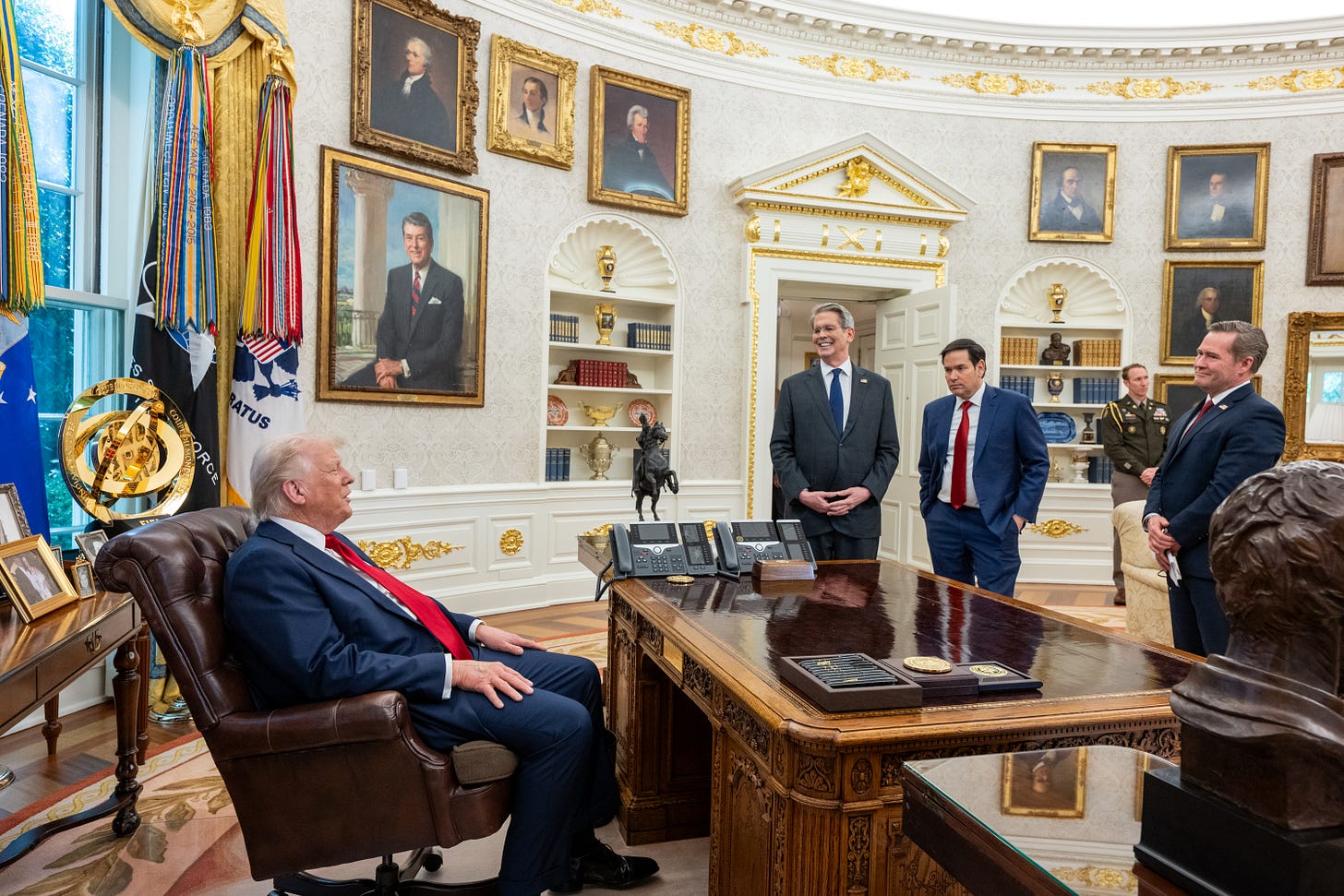 Image: President Donald Trump speaks with Secretary of Commerce Scott Bessent, Secretary of State Marco Rubio, and National Security Advisor Mike Waltz in the Oval Office, Wednesday, April 30, 2025. Wikimedia Commons user The White House / CC BY-SA 4.0 https://commons.wikimedia.org/wiki/File:P20250430MR-3284.jpg. Image: President Donald Trump speaks with Secretary of Commerce Scott Bessent, Secretary of State Marco Rubio, and National Security Advisor Mike Waltz in the Oval Office, Wednesday, April 30, 2025. Wikimedia Commons user The White House / CC BY-SA 4.0 https://commons.wikimedia.org/wiki/File:P20250430MR-3284.jpg.