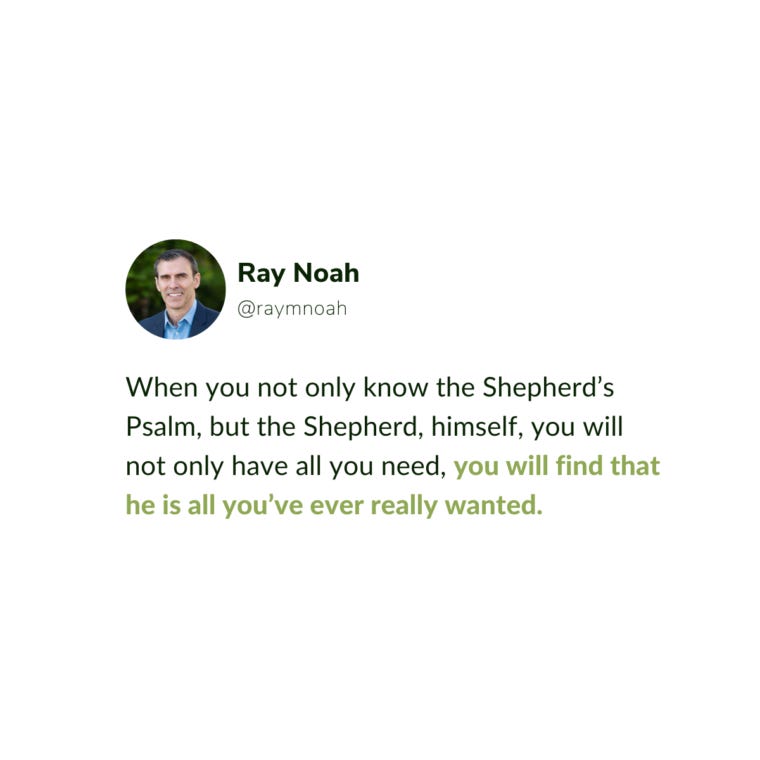 “When you not only know the Shepherd’s Psalm, but the Shepherd, himself, you will not only have all you need, you will find that he is all you’ve ever really wanted.” —Ray Noah “When you not only know the Shepherd’s Psalm, but the Shepherd, himself, you will not only have all you need, you will find that he is all you’ve ever really wanted.” —Ray Noah