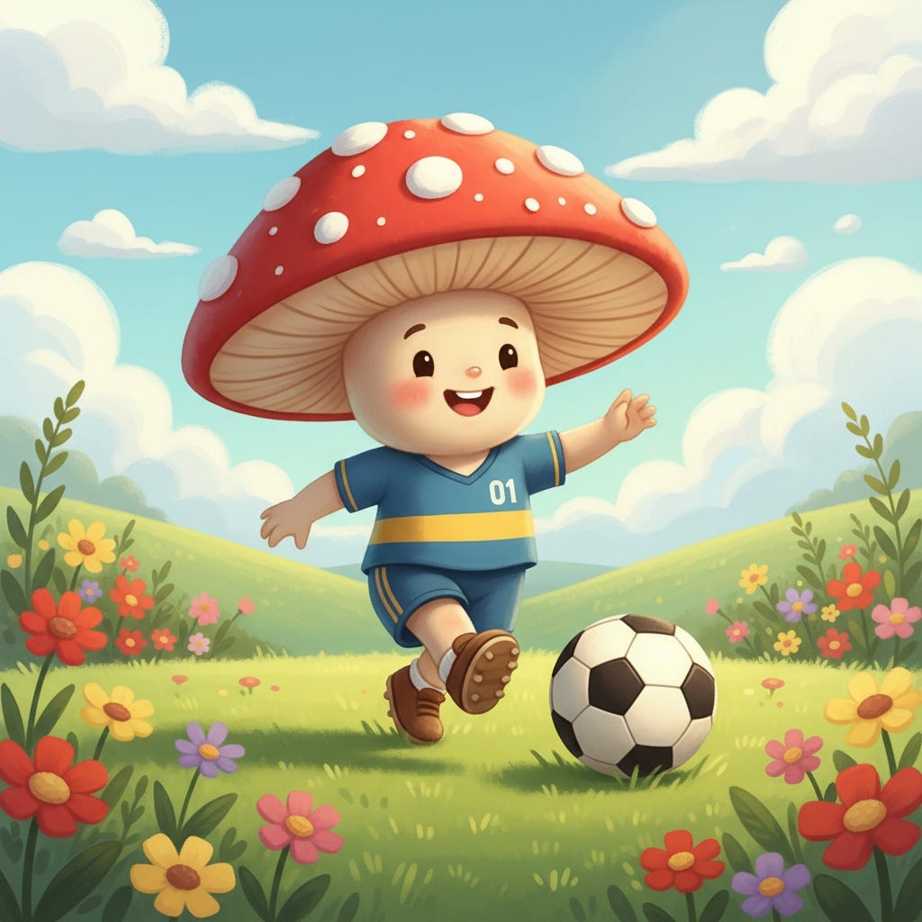A cartoon character in a mushroom garment running with a football ball

AI-generated content may be incorrect.