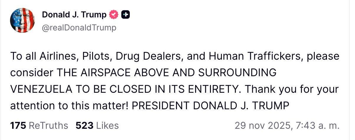 Trump avisa de que "el espacio aéreo de Venezuela está cerrado en su  totalidad" en plena escalada militar