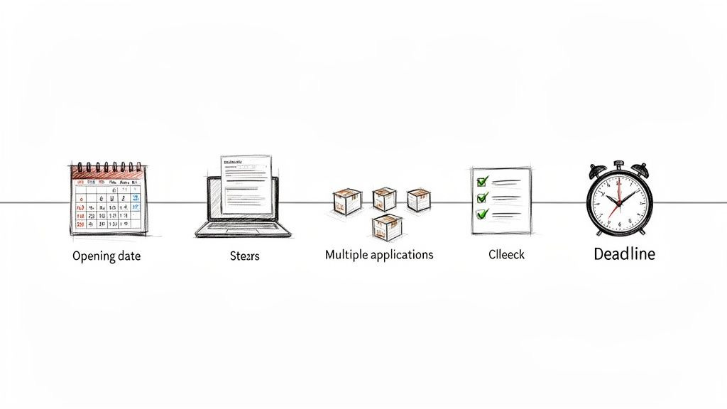 Timeline illustration showing opening date, application process, multiple applications, checklist, and deadline stages. Timeline illustration showing opening date, application process, multiple applications, checklist, and deadline stages.