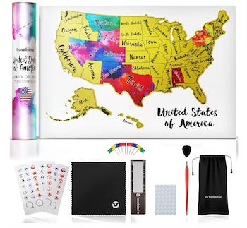 TRAVELISIMO Scratch Off Map of United States, 12x17 inch Travel Map, United States Map for Traveling with 25 Unique Accessories, Colorful Scratch Map