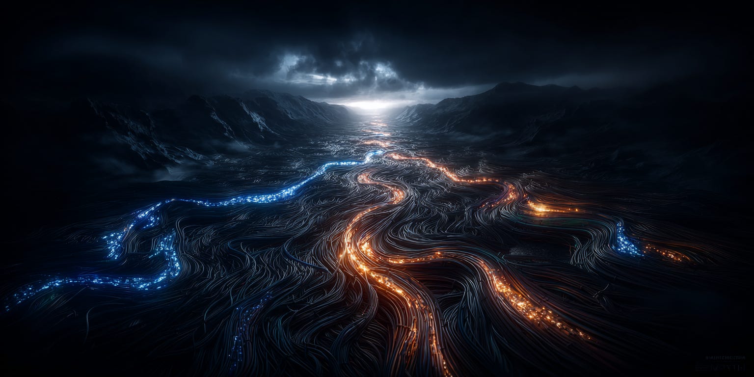 A tangled mess of colorful code cables and wires slowly morphing into clean, organized circuit paths, floating in a minimalist void with soft gradient lighting, surreal digital art style, clean composition, ethereal atmosphere A tangled mess of colorful code cables and wires slowly morphing into clean, organized circuit paths, floating in a minimalist void with soft gradient lighting, surreal digital art style, clean composition, ethereal atmosphere