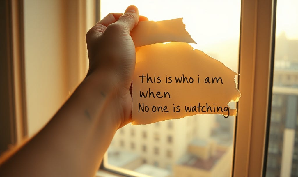 A close-up photograph of a torn, handwritten notebook page held against a window at dawn. The jagged tear runs diagonally, revealing soft golden light spilling onto a bare forearm marked with faint, crossed-out ink lines. A single fresh sentence in urgent handwriting reads: “This is who I am when no one is watching—” before disappearing into the rip.  A close-up photograph of a torn, handwritten notebook page held against a window at dawn. The jagged tear runs diagonally, revealing soft golden light spilling onto a bare forearm marked with faint, crossed-out ink lines. A single fresh sentence in urgent handwriting reads: “This is who I am when no one is watching—” before disappearing into the rip.