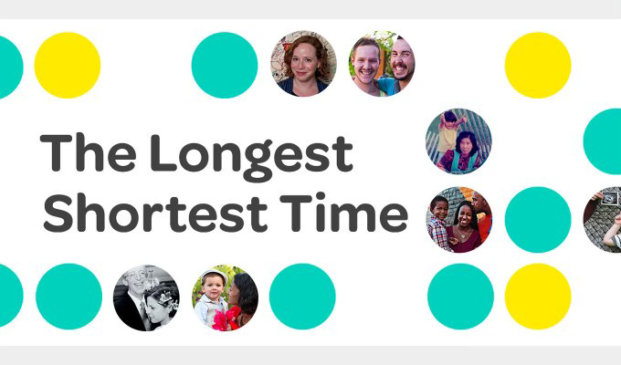 Afbeelding met de titel 'The Longest Shortest Time' in donkere, vetgedrukte letters op een witte achtergrond. Rond de tekst zijn gele en turquoise cirkels verspreid, afgewisseld met kleine ronde foto’s van diverse mensen, waaronder ouders en kinderen. De afbeelding heeft een speelse en kleurrijke uitstraling.