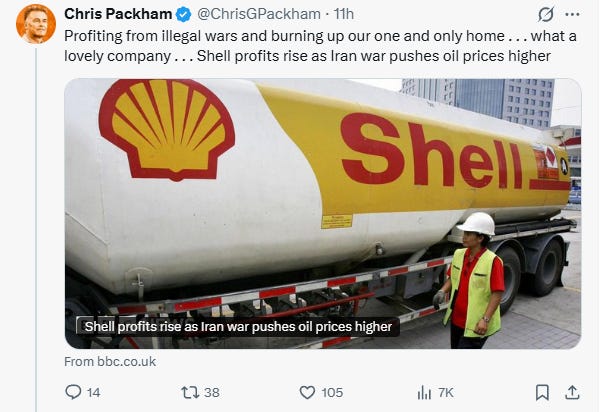 A Twitter post criticizes Shell for profiting from the Iran war, which raises oil prices.

AI-generated content may be incorrect.